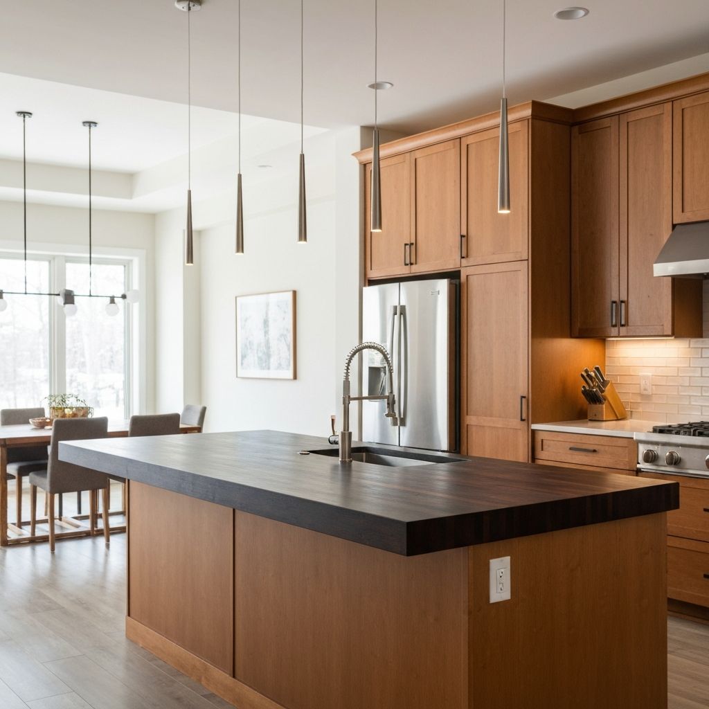 Butcherblock island countertop with pendant lighting in Macon, Missouri