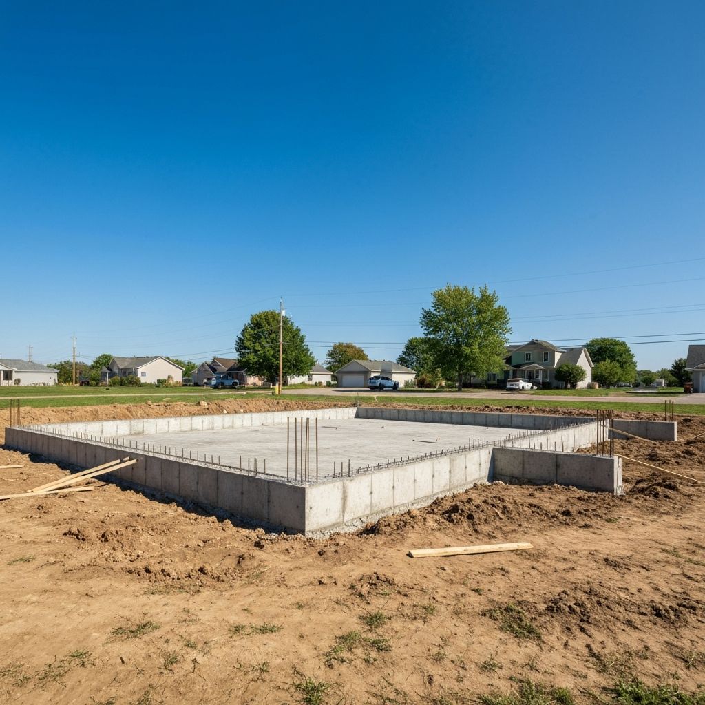 Concrete foundation work for a residential home under construction in Missouri