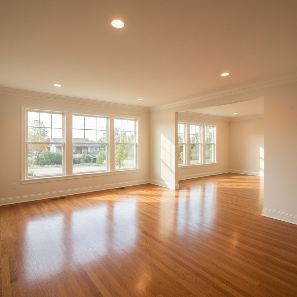 Finished room addition interior with hardwood floors and recessed lighting in Missouri